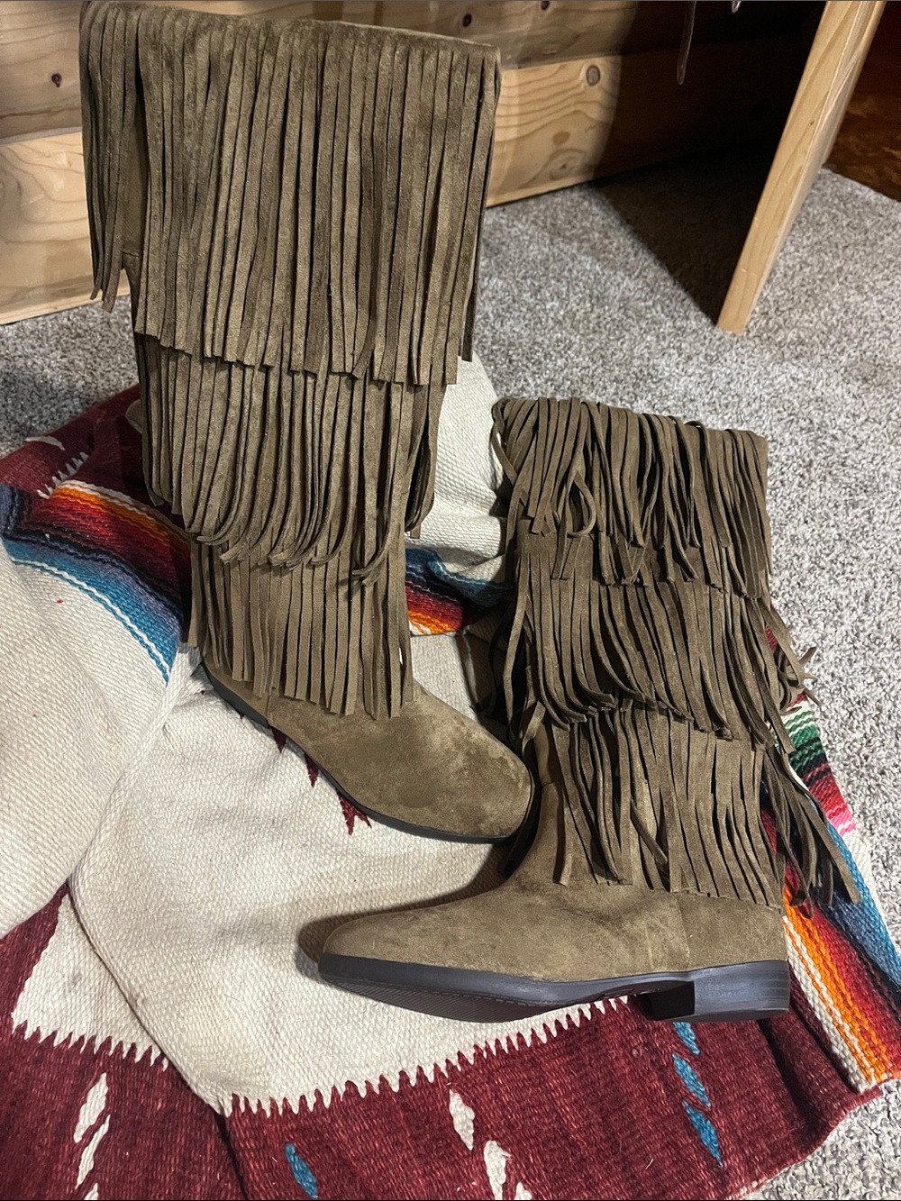 No Boundaries Tan Fringe Knee-High Faux Suede Boots